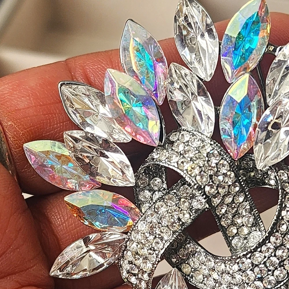 Large Statement Silver Iridescent Crystal Stones Brooch Pin